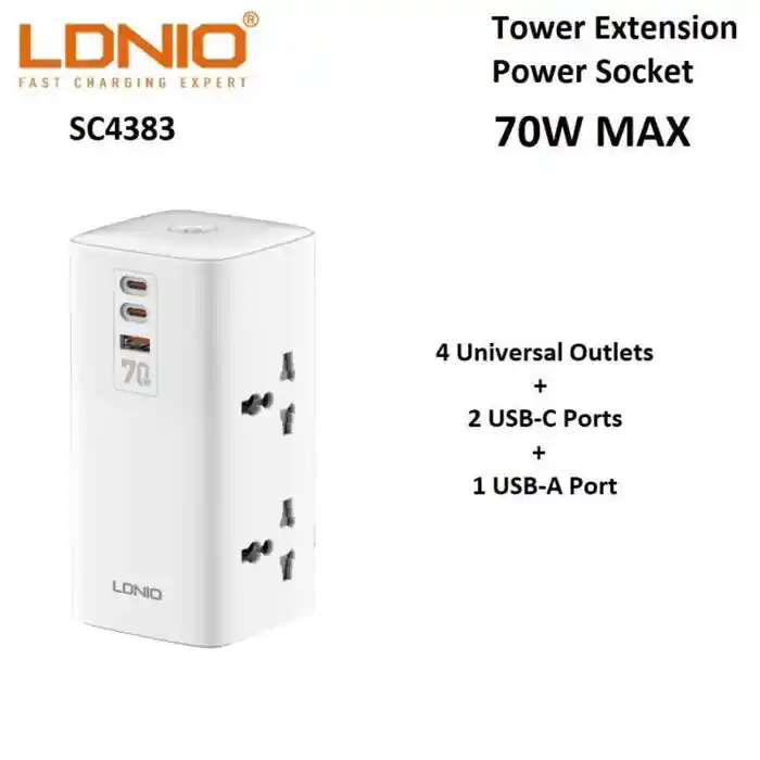 LDNIO SC4383 70W PD Adapter Multifunction Desktop Chargers Power Strip and USB Ports -2M Power Cord (EU Plug)